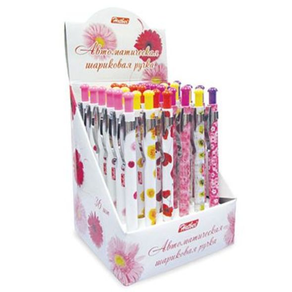 РУЧКА Hatber шариковая Автомат.-Цветы- Синяя 0,7мм с клипом корпус с рисунком чернила на масл.основе 36шт в картонной Дисплей-витрине , 